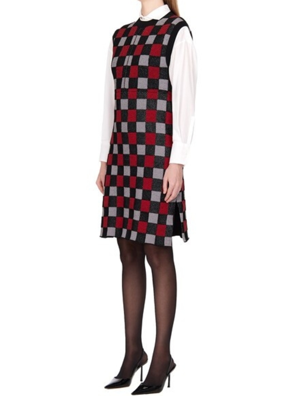 Marni Sleeveless Checkerboard Knit Dress in Red and Black